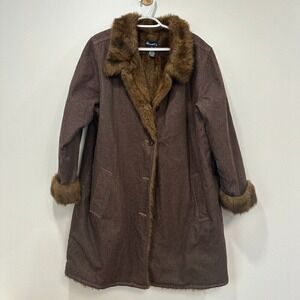 Denim‎ & Co Womens Jacket 1XL Brown Long Line Faux Fur Lined Penny Coat Button